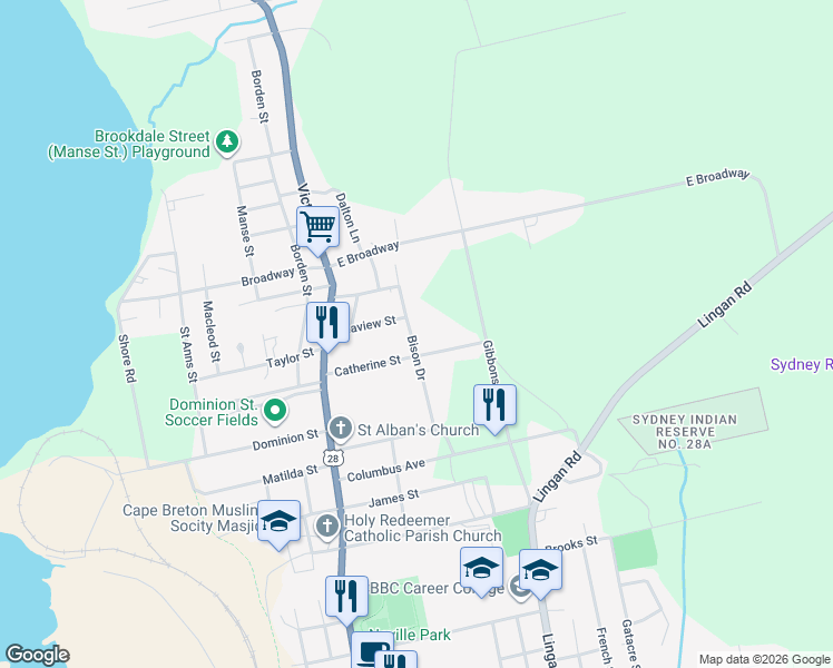 map of restaurants, bars, coffee shops, grocery stores, and more near 116 Bison Drive in Sydney