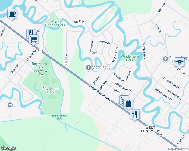 map of restaurants, bars, coffee shops, grocery stores, and more near 2219 50th Avenue in Longview