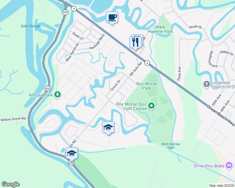 map of restaurants, bars, coffee shops, grocery stores, and more near 2100 Grove Street in Longview