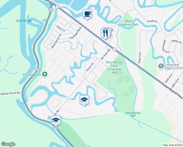 map of restaurants, bars, coffee shops, grocery stores, and more near 2100 Grove Street in Longview