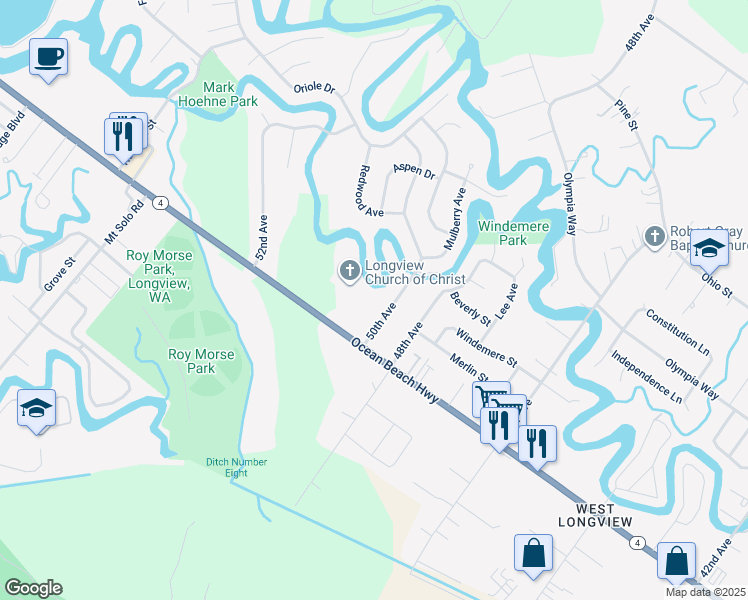 map of restaurants, bars, coffee shops, grocery stores, and more near 2219 50th Avenue in Longview