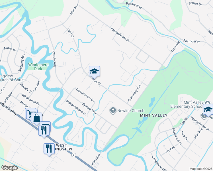 map of restaurants, bars, coffee shops, grocery stores, and more near 4420 Ohio Street in Longview