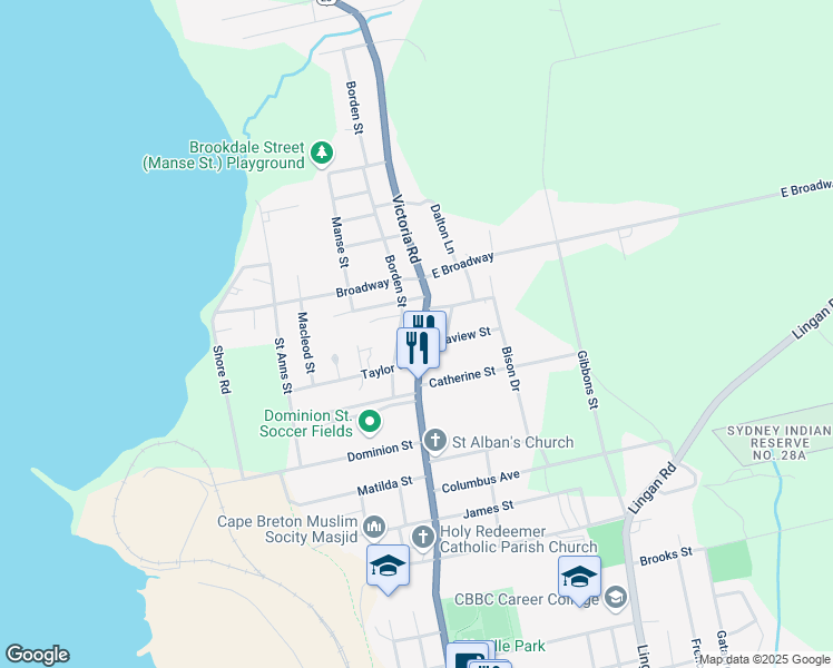 map of restaurants, bars, coffee shops, grocery stores, and more near 1416 Nova Scotia 28 in Sydney