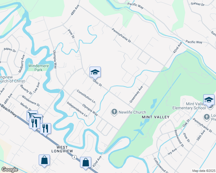 map of restaurants, bars, coffee shops, grocery stores, and more near 4420 Ohio Street in Longview