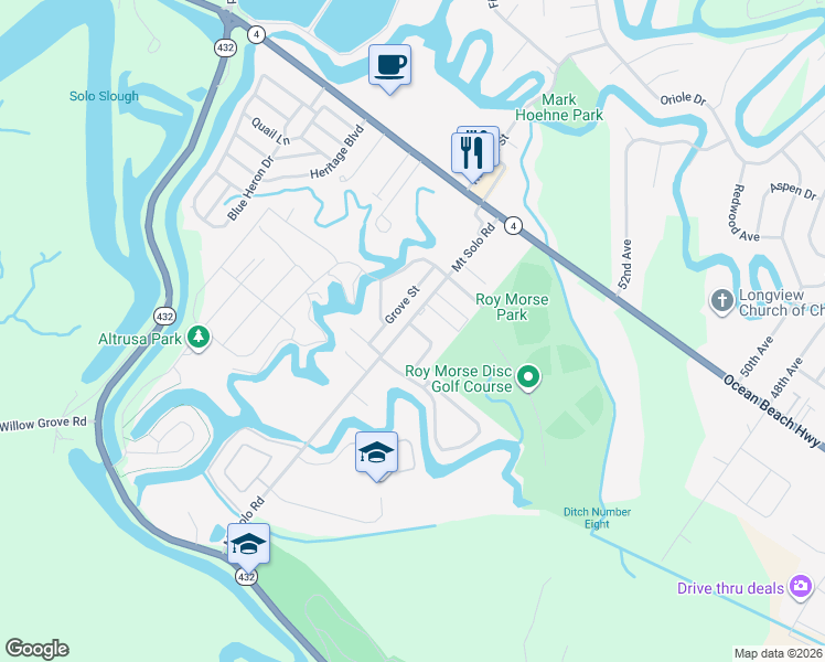 map of restaurants, bars, coffee shops, grocery stores, and more near 140 Morse Park Way in Longview