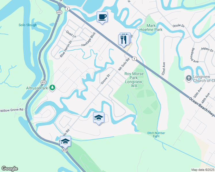 map of restaurants, bars, coffee shops, grocery stores, and more near 140 Morse Park Way in Longview
