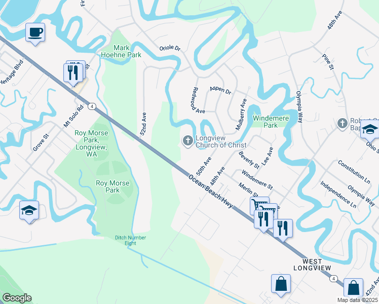 map of restaurants, bars, coffee shops, grocery stores, and more near 2219 50th Ave in Longview