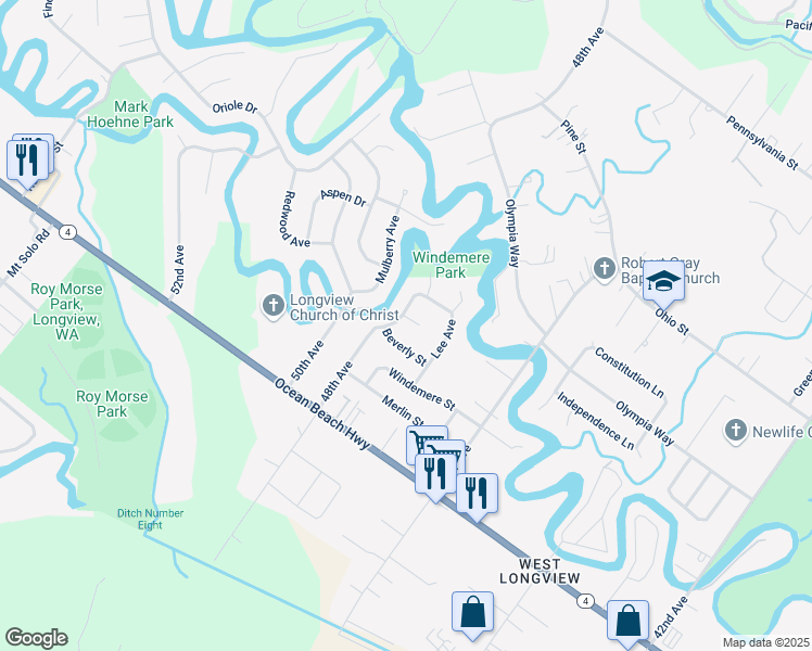 map of restaurants, bars, coffee shops, grocery stores, and more near 2314 48th Place in Longview