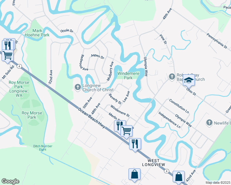 map of restaurants, bars, coffee shops, grocery stores, and more near 2314 48th Place in Longview