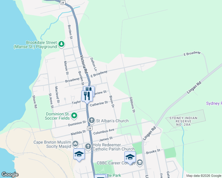 map of restaurants, bars, coffee shops, grocery stores, and more near 116 Bison Drive in Sydney