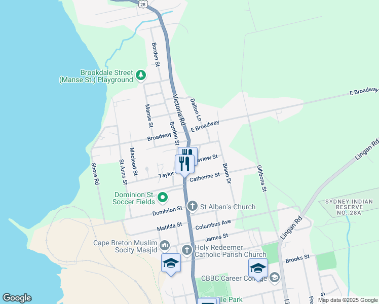 map of restaurants, bars, coffee shops, grocery stores, and more near 1416 Nova Scotia 28 in Sydney