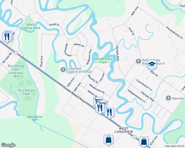 map of restaurants, bars, coffee shops, grocery stores, and more near 2314 48th Place in Longview