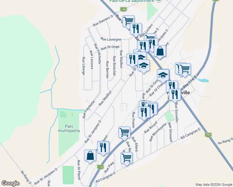 map of restaurants, bars, coffee shops, grocery stores, and more near Rue Saint Jacques Ouest in Princeville