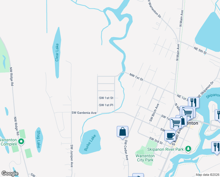 map of restaurants, bars, coffee shops, grocery stores, and more near 507 Southwest Harbor Place in Warrenton