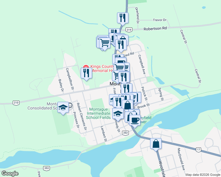 map of restaurants, bars, coffee shops, grocery stores, and more near 25 Queens Road in Montague