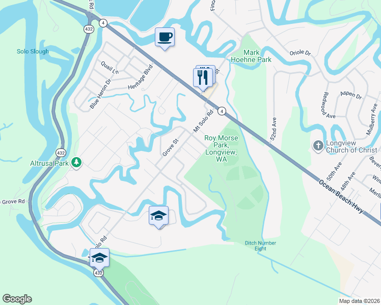 map of restaurants, bars, coffee shops, grocery stores, and more near 140 Morse Park Way in Longview