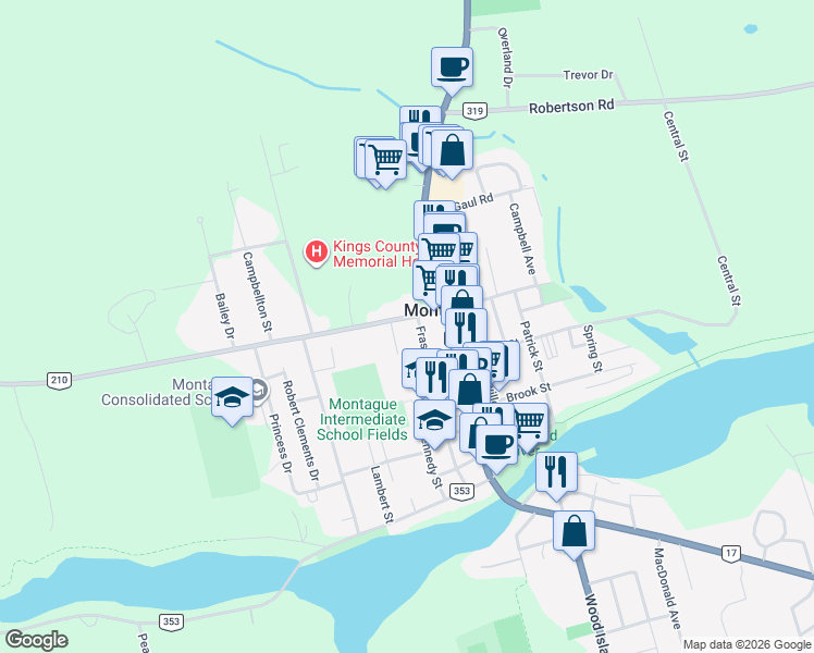 map of restaurants, bars, coffee shops, grocery stores, and more near 25 Queens Road in Montague