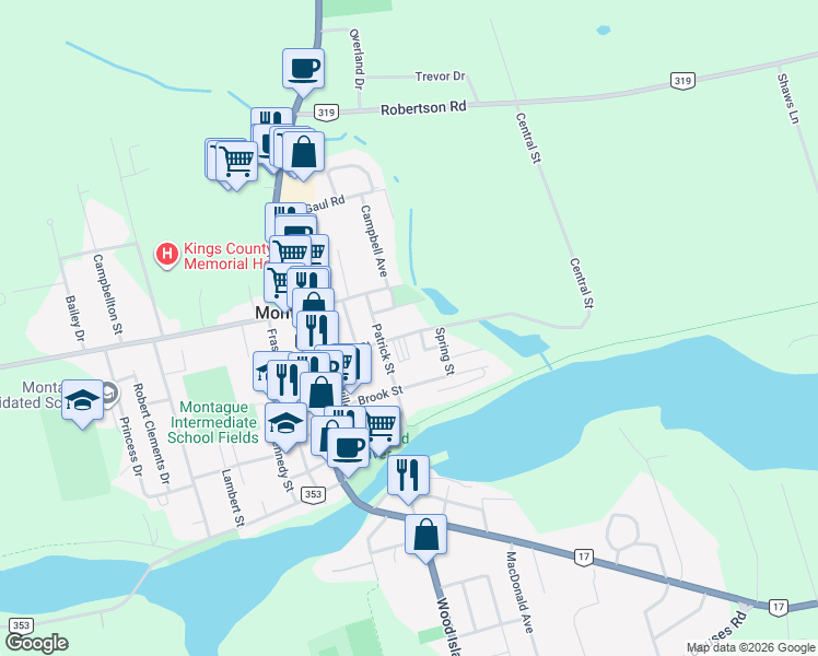 map of restaurants, bars, coffee shops, grocery stores, and more near 26 Central Street in Montague