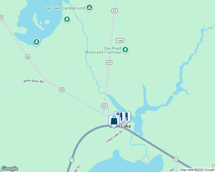 map of restaurants, bars, coffee shops, grocery stores, and more near 60928 Day Acres Road in Clam Lake