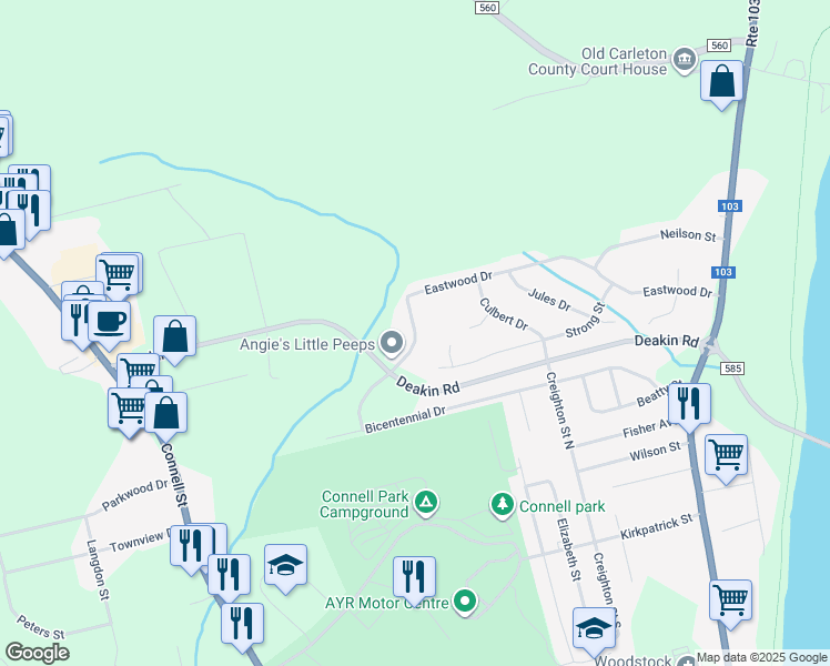 map of restaurants, bars, coffee shops, grocery stores, and more near Maxwell Street in Woodstock