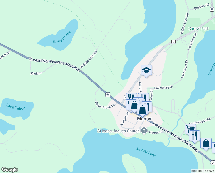 map of restaurants, bars, coffee shops, grocery stores, and more near 5250 State House Circle in Mercer