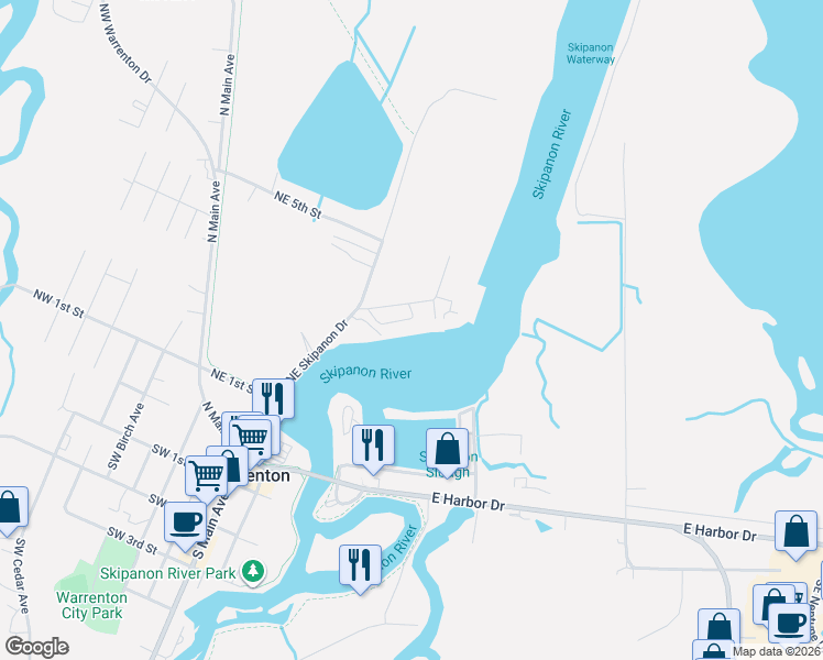 map of restaurants, bars, coffee shops, grocery stores, and more near 320 Northeast Skipanon Drive in Warrenton