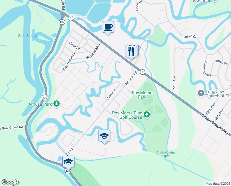 map of restaurants, bars, coffee shops, grocery stores, and more near 2120 Grove Street in Longview