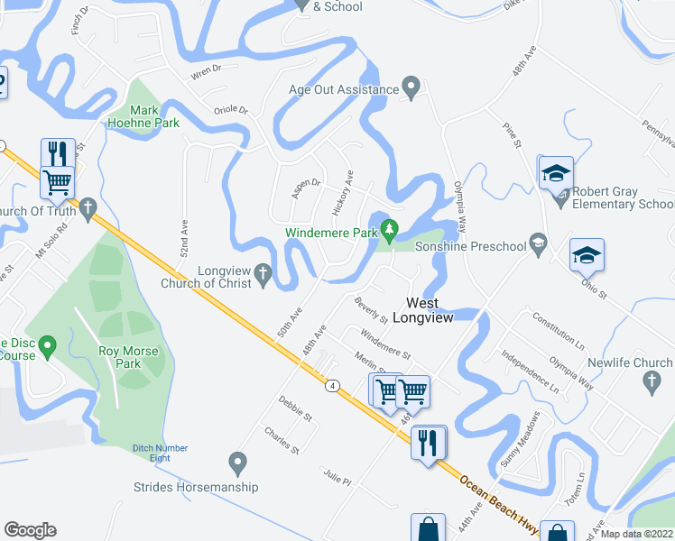 map of restaurants, bars, coffee shops, grocery stores, and more near 2404 Mulberry Avenue in Longview