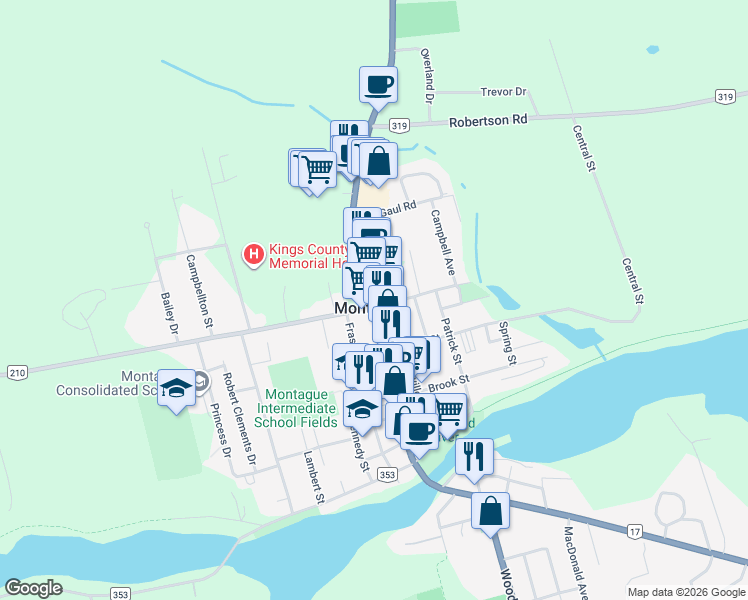 map of restaurants, bars, coffee shops, grocery stores, and more near 516 Main Street in Montague