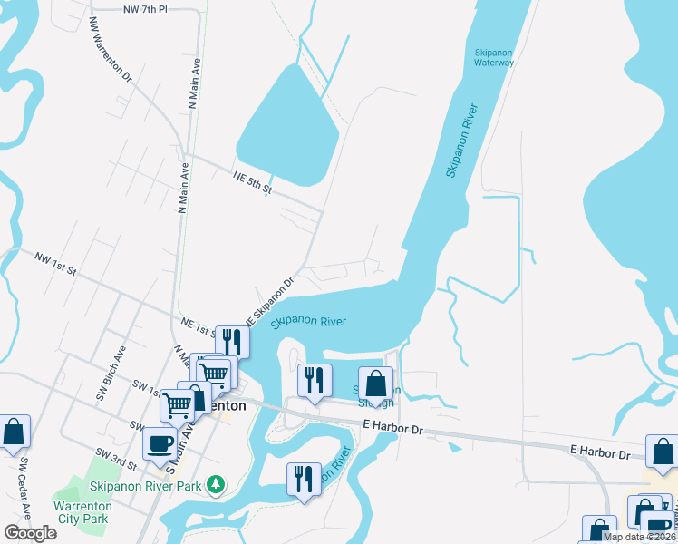 map of restaurants, bars, coffee shops, grocery stores, and more near 354 Northeast Skipanon Drive in Warrenton