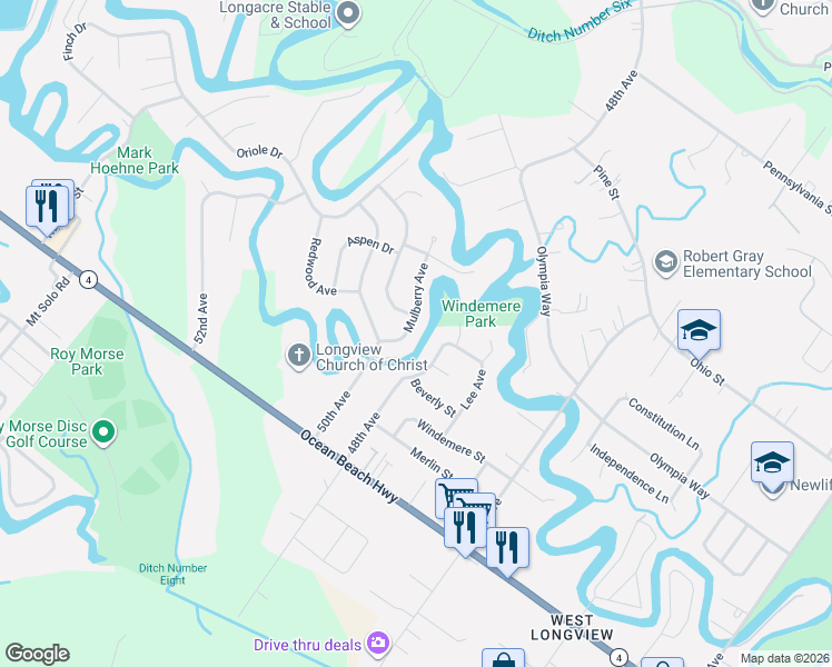 map of restaurants, bars, coffee shops, grocery stores, and more near 2418 Mulberry Avenue in Longview