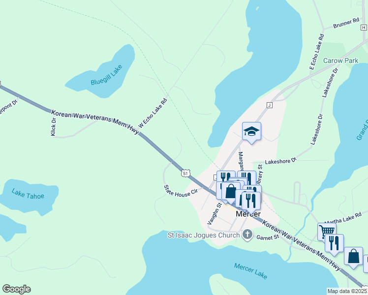 map of restaurants, bars, coffee shops, grocery stores, and more near 5316-5356 Lakeview Road in Mercer