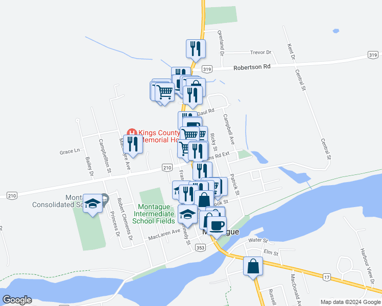 map of restaurants, bars, coffee shops, grocery stores, and more near 514 Main Street in Montague