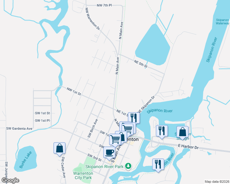map of restaurants, bars, coffee shops, grocery stores, and more near 221 North Main Avenue in Warrenton
