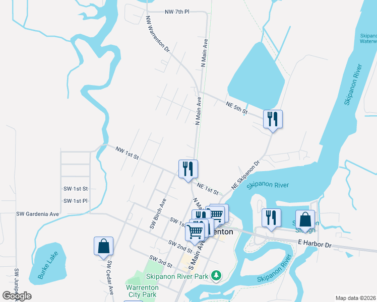map of restaurants, bars, coffee shops, grocery stores, and more near 221 North Main Avenue in Warrenton