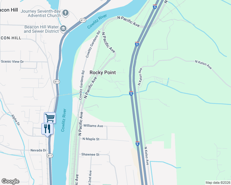 map of restaurants, bars, coffee shops, grocery stores, and more near 130 Sales Barn Road in Kelso