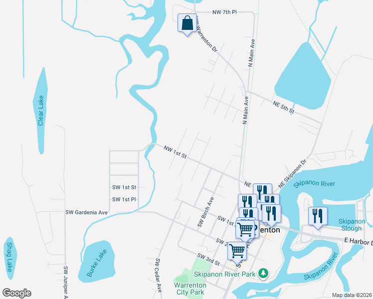 map of restaurants, bars, coffee shops, grocery stores, and more near 135 Northwest Cedar Court in Warrenton