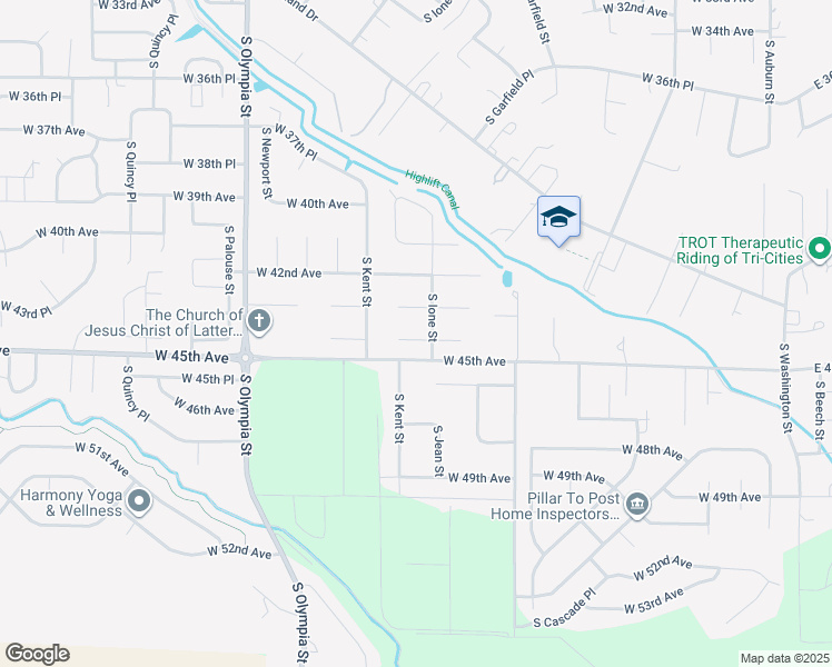 map of restaurants, bars, coffee shops, grocery stores, and more near 802 West 44th Place in Kennewick