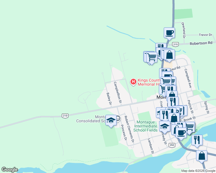 map of restaurants, bars, coffee shops, grocery stores, and more near 13 Bailey Drive in Montague