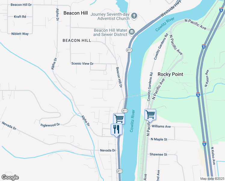 map of restaurants, bars, coffee shops, grocery stores, and more near 105 James Street in Longview