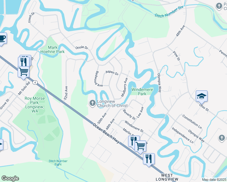 map of restaurants, bars, coffee shops, grocery stores, and more near 2416 50th Avenue in Longview