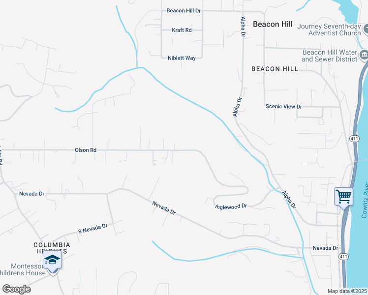 map of restaurants, bars, coffee shops, grocery stores, and more near 233 Olson Road in Longview
