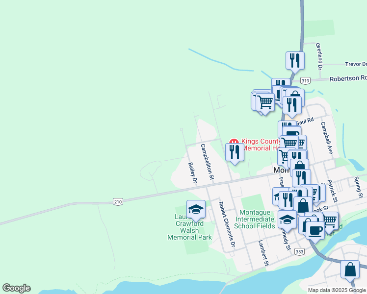 map of restaurants, bars, coffee shops, grocery stores, and more near 16 Bailey Drive in Montague