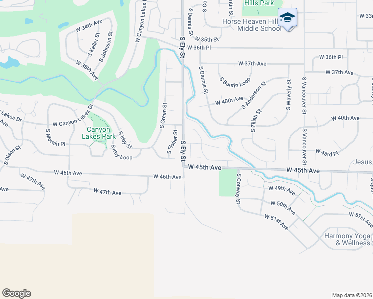 map of restaurants, bars, coffee shops, grocery stores, and more near 2800 West 43rd Court in Kennewick