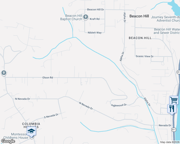 map of restaurants, bars, coffee shops, grocery stores, and more near 293 Olson Road in Longview