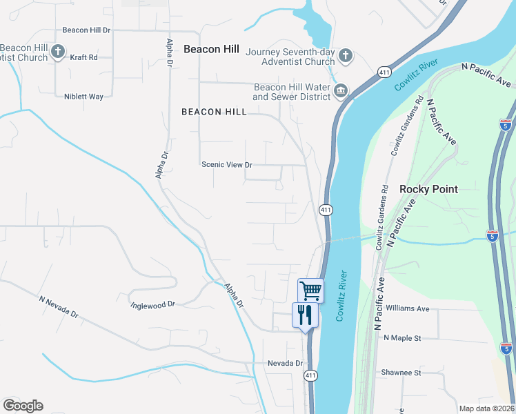 map of restaurants, bars, coffee shops, grocery stores, and more near 135 Victoria Street in Longview