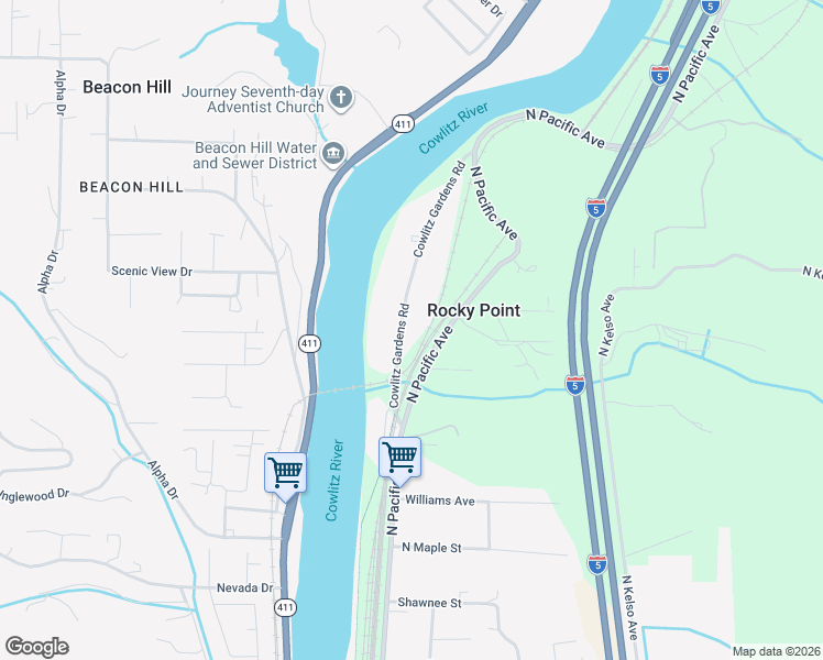 map of restaurants, bars, coffee shops, grocery stores, and more near 133 Cowlitz Gardens Road in Kelso