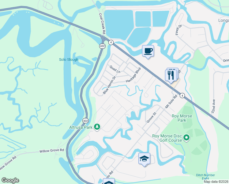 map of restaurants, bars, coffee shops, grocery stores, and more near 2016 Henderson Way in Longview