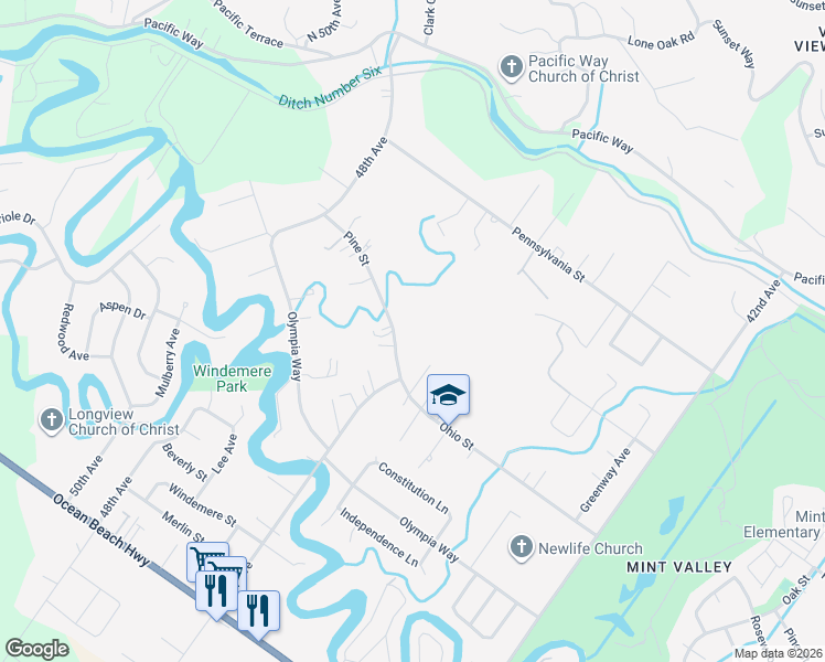 map of restaurants, bars, coffee shops, grocery stores, and more near 4622 Ohio Street in Longview