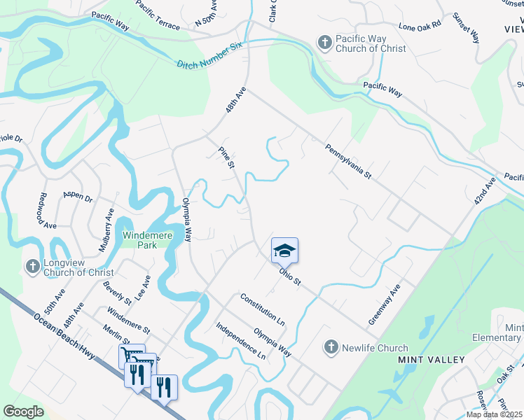 map of restaurants, bars, coffee shops, grocery stores, and more near 4622 Ohio Street in Longview